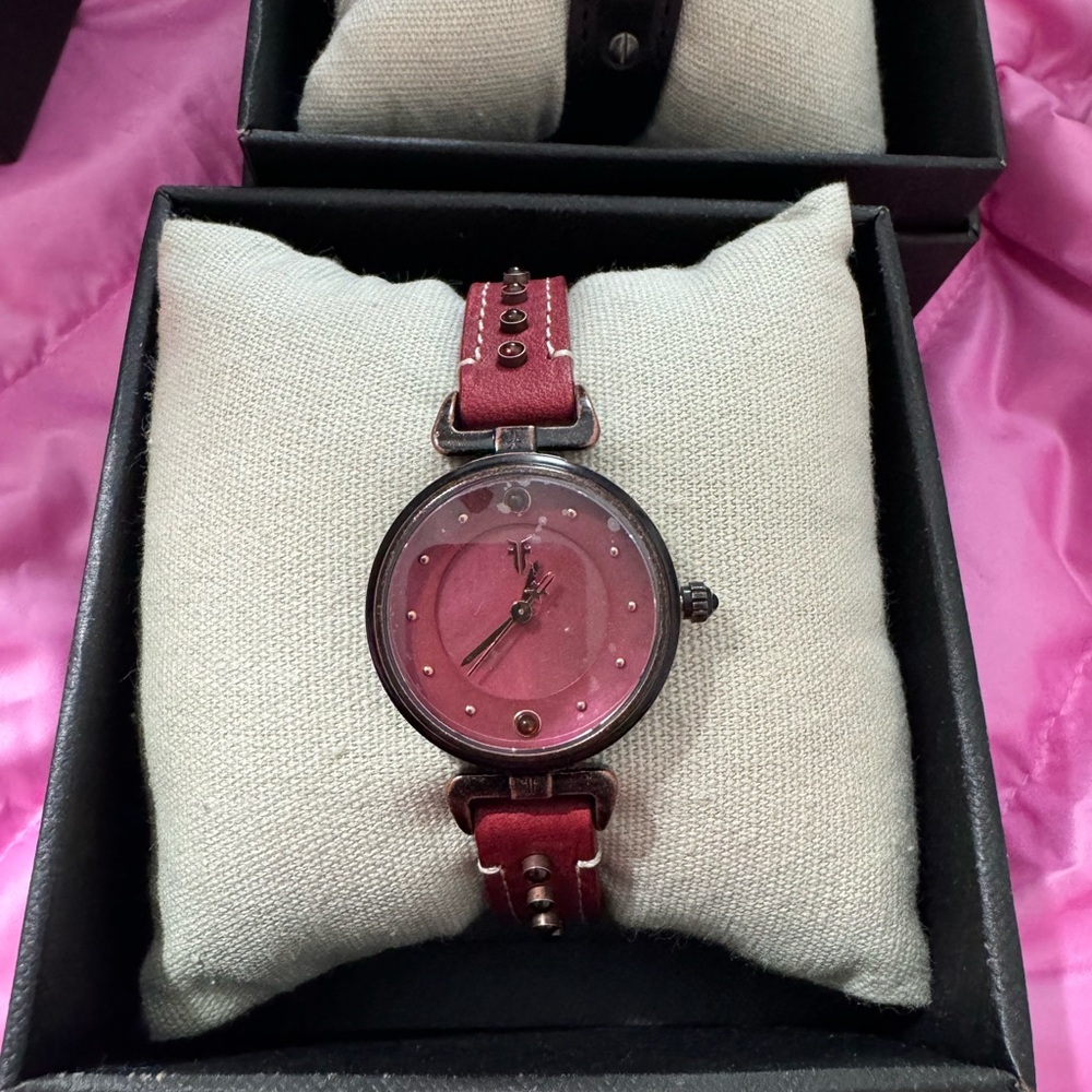 FRYE women’s watch reddish/pink leather studded strap. NIB